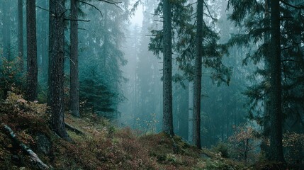 Obraz premium Autumn Forest Ambience: Rich Textures of Green and Brown Trees Shrouded in Blue Haze