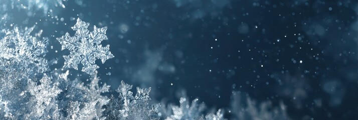 Enchanting Snowfall Backdrop: Stunning Crystalline Snowflakes Creating a Festive Atmosphere with Ample Copy Space