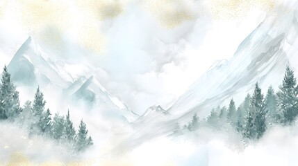 Serene winter watercolor background snow mountains pine forest elegant wall art design