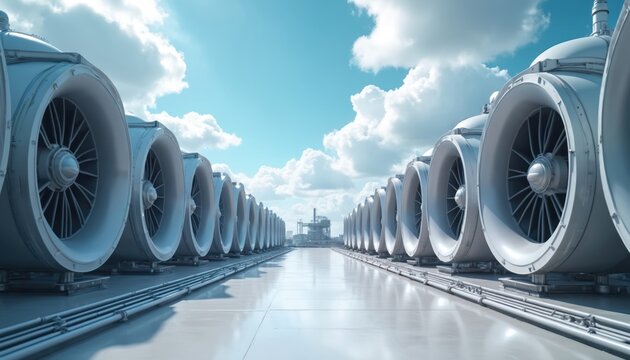 Rows of direct air capture units stand against a bright sky. These machines help fight climate change by cleaning air. They represent future tech for a greener world and cleaner planet.