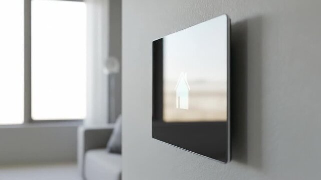 Close smart home wall panel with single house icon on its sleek digital display. Home protection AI