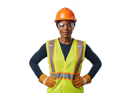 Professional african american woman wearing construction safety gear including hard hat and reflective vest isolated on transparent background - Powered by Adobe