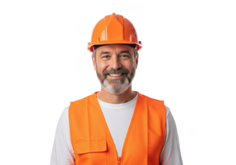 Smiling middle aged construction worker wearing an orange hard hat and safety vest isolated on transparent background