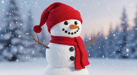 Obraz premium A cheerful snowman wearing a red hat and scarf stands in a snowy winter landscape.
