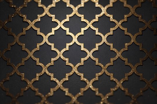A luxurious golden glitter quatrefoil pattern on a dark black background, showcasing elegant Islamic geometric design and opulent texture.