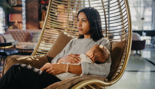 Thoughtful mother gently holds her precious baby in a cozy chair - Powered by Adobe