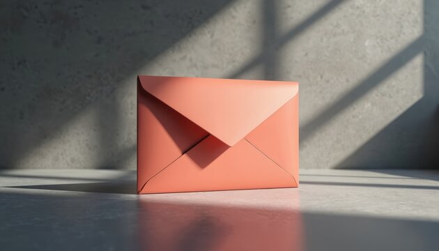 Coral envelope rests on concrete floor in front of textured wall. Sunlight creates diagonal shadows across the scene. Simple object represents mail communication and new messages. Modern concept.