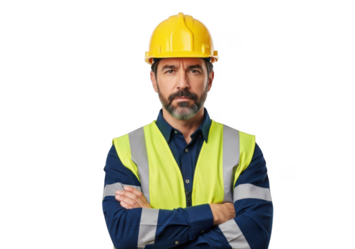 Serious bearded man wearing yellow hard hat and reflective safety vest arms crossed isolated on transparent background