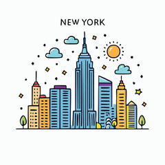 Fototapeta premium A bright children's/cartoon illustration of the New York City skyline. Typical uses: postcards, children's books, festive graphics, logos, stickers, event design, or simply positive urban art.