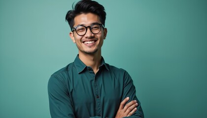 Young man wearing glasses and teal shirt smiles. He stands with folded arms against a teal background. His expression is friendly and confident, conveying approachability and professionalism.