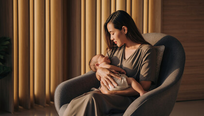 Beautiful mother affectionately holding her tiny infant in golden light