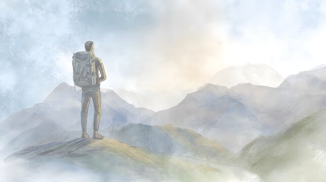 Inspiring mountain journey watercolor illustration of a man finding achievement travel inspiration