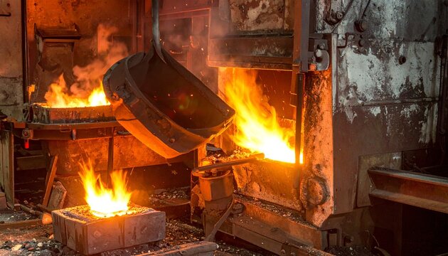 Molten metal pouring in industrial furnace.
