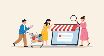 People Shopping Online with Laptop and Shopping Cart Illustration.