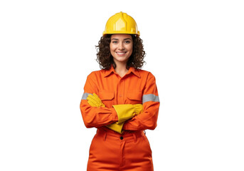 A smiling female construction worker wearing a yellow hard hat and orange coveralls with yellow gloves isolated on transparent background