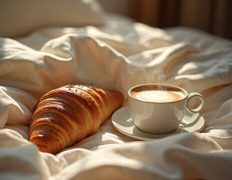 Fresh croissant with hot coffee in cup on bed linens. Soft morning light illuminates warm breakfast setup. Peaceful awakening, simple indulgence, gentle start to day.