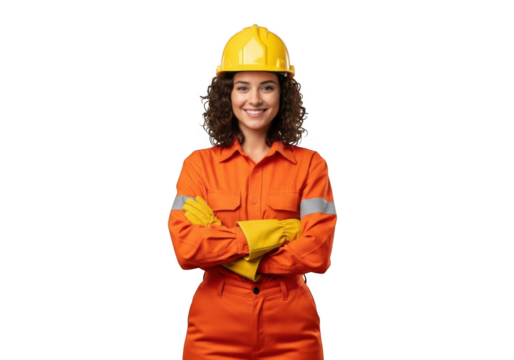 A smiling female construction worker wearing a yellow hard hat and orange coveralls with yellow gloves isolated on transparent background