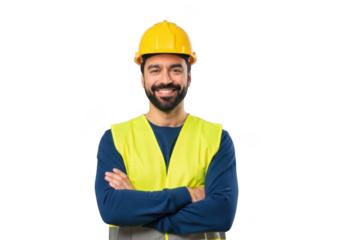 A smiling construction worker wearing a yellow hard hat and a high visibility vest with arms crossed isolated on transparent background