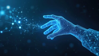 Digital glowing hand reaches into abstract connected network. Futuristic blue cybernetic body part interacts with data points and lines. Future tech, AI, connection concept.