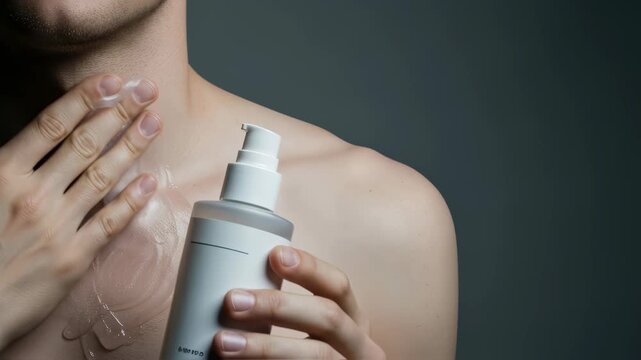 Man applies clear cosmetic gel from a white pump bottle to his chest and collarbone area for skin hydration and care footage.