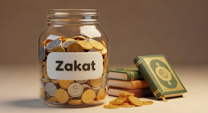 Zakat Islamic charity concept: coins in a jar with religious books, symbolizing donation and giving. - Powered by Adobe