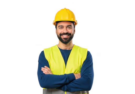 A smiling construction worker wearing a yellow hard hat and a high visibility vest with arms crossed isolated on transparent background - Powered by Adobe