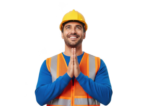 Smiling construction worker wearing a yellow hard hat and orange safety vest clasped hands looking upwards isolated on transparent background