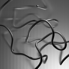 3d rendering, abstract background with black crumpled wire and ribbed glass, modern minimalist wallpaper