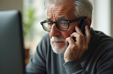 An elderly man wearing glasses holds mobile phone close to his ear. Grey haired senior talks on phone near computer. Communication in domestic life.
