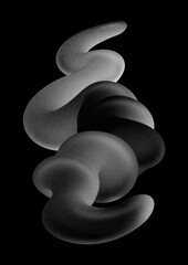 3d rendering, abstract design featuring smooth blend, flowing shapes in a gradient of black and white colors. Soft waves or clouds with film grain effect, isolated on a black background