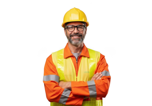 Smiling bearded man wearing yellow hard hat orange work shirt and reflective vest isolated on transparent background