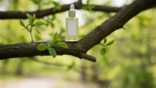 Natural cosmetic serum bottle with blank label on a tree branch, showcasing organic skincare and beauty product concept footage.