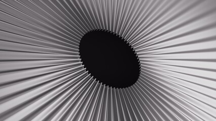 Fototapeta premium Radial pleated paper texture converges into a dark hole. Abstract black and white zigzag fan pattern with depth. 3D render illustration.