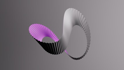Simple loop of folded paper ribbon in black and white. Minimal abstract zigzag strip floating on a grey background. 3D render illustration.