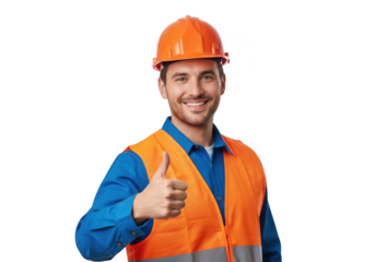 Smiling construction worker wearing orange hard hat and safety vest giving a thumbs up gesture isolated on transparent background
