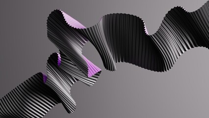 Twisted black and white folded strip floats on grey. Geometric abstract paper ribbon with sharp zigzag edges and depth. 3D render illustration.