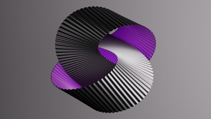Tightly coiled zigzag ribbon in black and purple forms a knot. Abstract 3D geometric shape with folded paper texture. 3D render illustration.