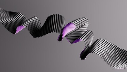 Wavy folded ribbon in black, white and purple flows across grey. Abstract zigzag paper strip with modern geometric texture. 3D render illustration.
