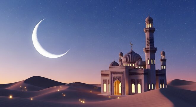 Illuminated Mosque with Crescent Moon in Desert at Dusk. Islamic Holy Month, Ramadan, Eid Mubarak Concept. - Powered by Adobe