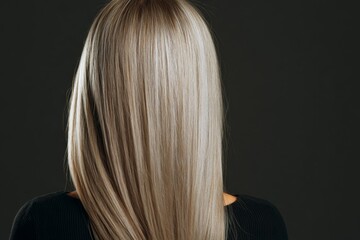 Naklejka premium Close up View of Long Straight Ash Blonde Hair With Side Part in Elegant Indoor Setting