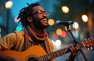 Obraz premium An African man with dreadlocks plays guitar. He sings into microphone smiles happily. Bokeh lights in background create a peaceful mood. Focus on music performance in city.