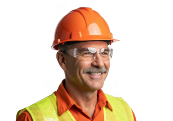 Smiling construction worker wearing orange hard hat safety glasses and high visibility vest isolated on transparent background