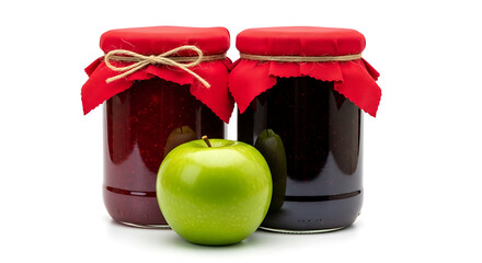 Two jars of homemade jam with a fresh green apple