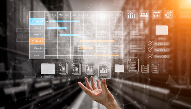Digital visualization of multiple project timelines with progress tracking, documents, and team collaboration symbols Parse
