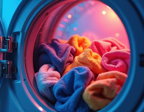 Colorful laundry pile inside washing machine drum. Vibrant pink purple blue orange towels and clothes ready for washing. Modern appliance interior, domestic chore.