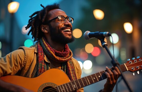 An African man with dreadlocks plays guitar. He sings into microphone smiles happily. Bokeh lights in background create a peaceful mood. Focus on music performance in city.