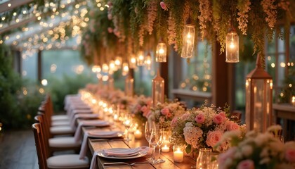 Wedding reception table set with flowers candles and hanging lights. Guests chairs wait for celebration at a long wooden banquet table. Romantic venue details for event.