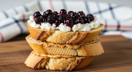 Toasted baguette slices topped with cream cheese and dark berries