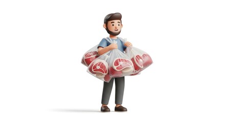 3D animated man character carrying multiple plastic bags filled with raw meat cuts, isolated on white background