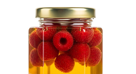 Jar of fresh raspberries preserved in golden syrup or honey